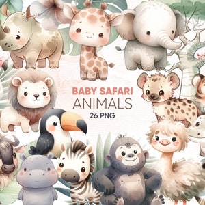 x26 Baby Safari Tiere Clipart Aquarell Clipart, Babyparty, Löwe, Tiger, Giraffe, Zebra, Affe, Elefant, niedliche Dschungel Tiere Clipart