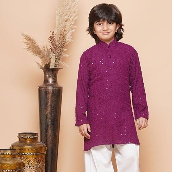 Kids Ethnic Wear Cotton Sequined Chikankari Kurta Pyjama Set For Boys