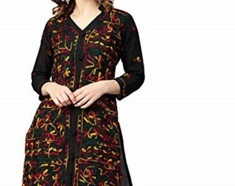 Frauen Lucknowi Chikankari Kurta, Hand Stickerei Kurta für Frauen Baumwolle Kurta Buttondar Kurta für Frauen Knielange Kurta Schwarz Multi Color