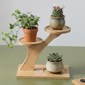 Soporte minimalista para plantas de mesa de bambú de dos niveles