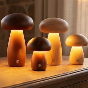 Può includere: Quattro lampade a forma di fungo in legno di varie dimensioni sono esposte su una superficie di legno. Le lampade hanno una luce calda e brillante che emana dalla base. I cappelli dei funghi sono marroni e gli steli sono di un colore legno più chiaro.