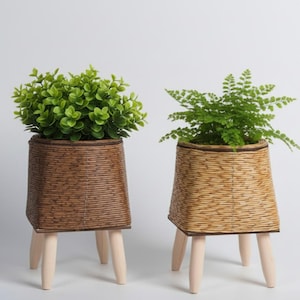May include: Two decorative plant pots with light green foliage. The pots are made of woven brown and tan material and have three wooden legs. One pot is a darker brown, and the other is a lighter tan color.