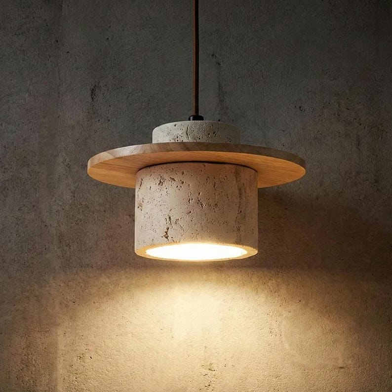 Lámpara colgante de piedra y madera de estilo japonés, color beige natural, con bombilla LED E27 incluida. imagen 1