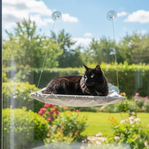 Pode incluir: Um gato preto descansa em uma cama para gatos montada na janela. A cama é cinza claro e é suspensa por ventosas e cordas transparentes. O gato está em frente a uma janela com vista para um jardim verde e céu azul.