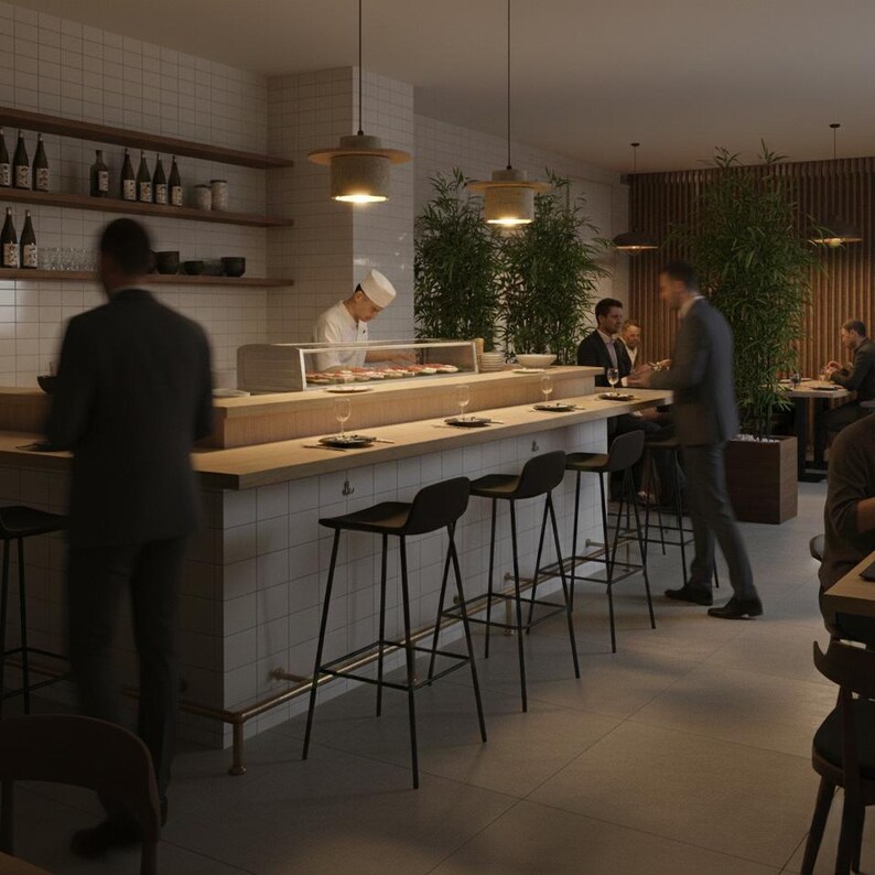 Puede incluir: Interior de un restaurante de sushi. Un chef prepara comida detr&aacute;s de una barra. El restaurante presenta taburetes negros, detalles de madera y l&aacute;mparas colgantes. Los clientes est&aacute;n sentados en la barra y en las mesas. El dise&ntilde;o es minimalista.