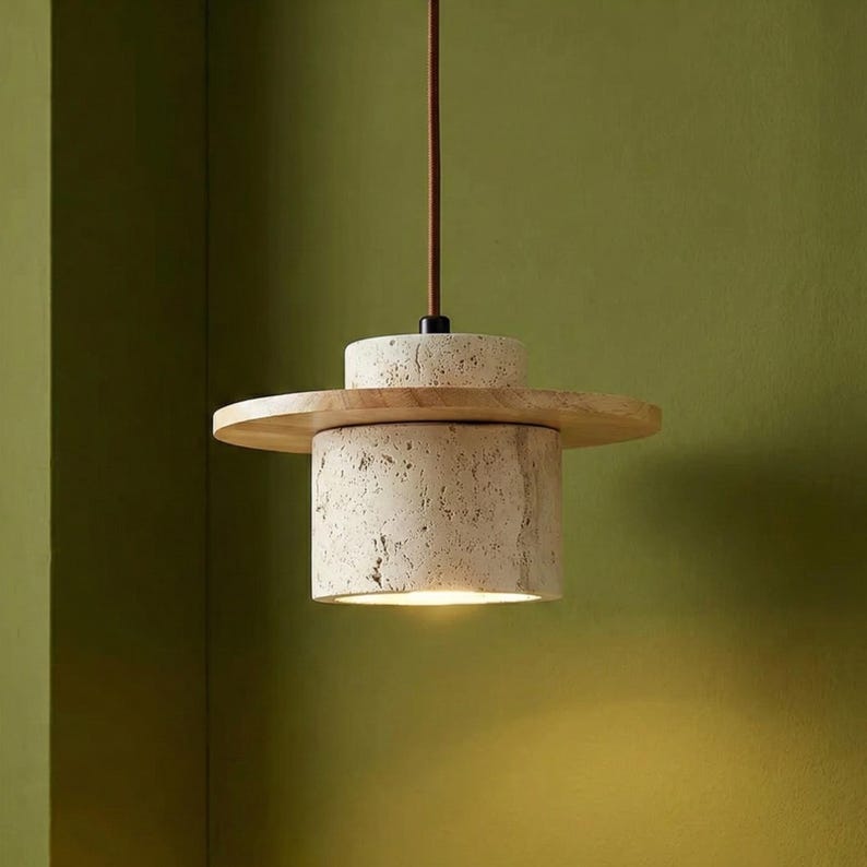 Lámpara colgante de piedra y madera de estilo japonés, color beige natural, con bombilla LED E27 incluida. imagen 2