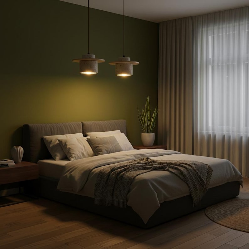 Puede incluir: Un dormitorio moderno con una cama grande, almohadas y una manta gris. Dos l&aacute;mparas colgantes cuelgan sobre la cama. Una planta en maceta se encuentra en una mesita de noche. Las paredes son de color verde oscuro y el suelo es de madera.