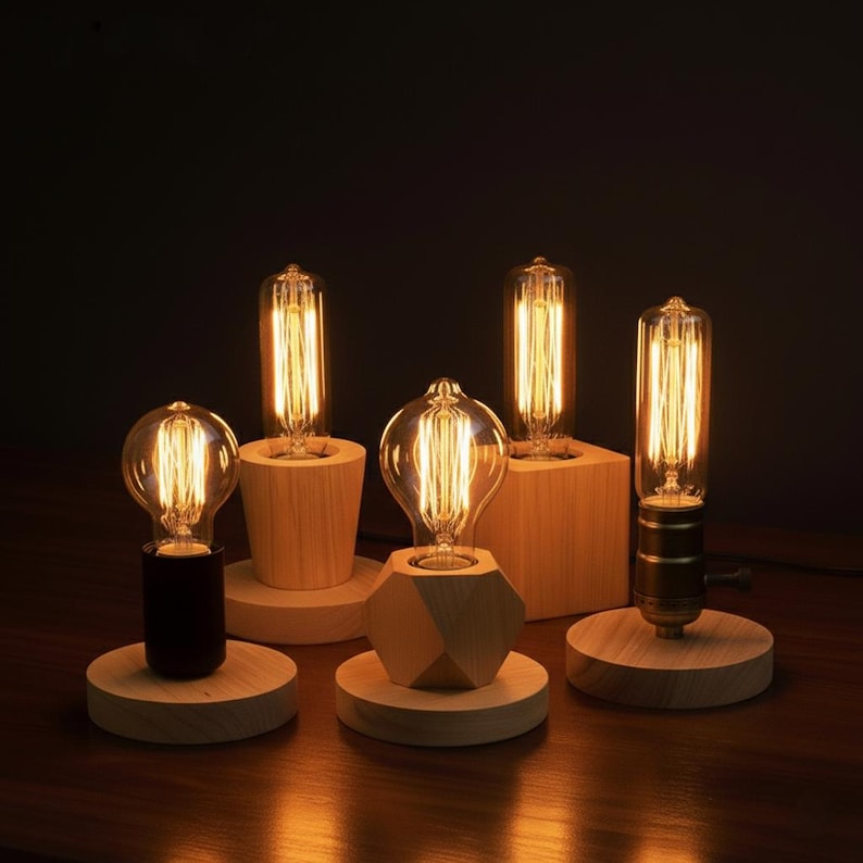 Lámpara de mesa con bombilla Edison de madera - Lámpara de noche minimalista y ecológica - Iluminación de escritorio retro - Lámpara de mesa rústica moderna
