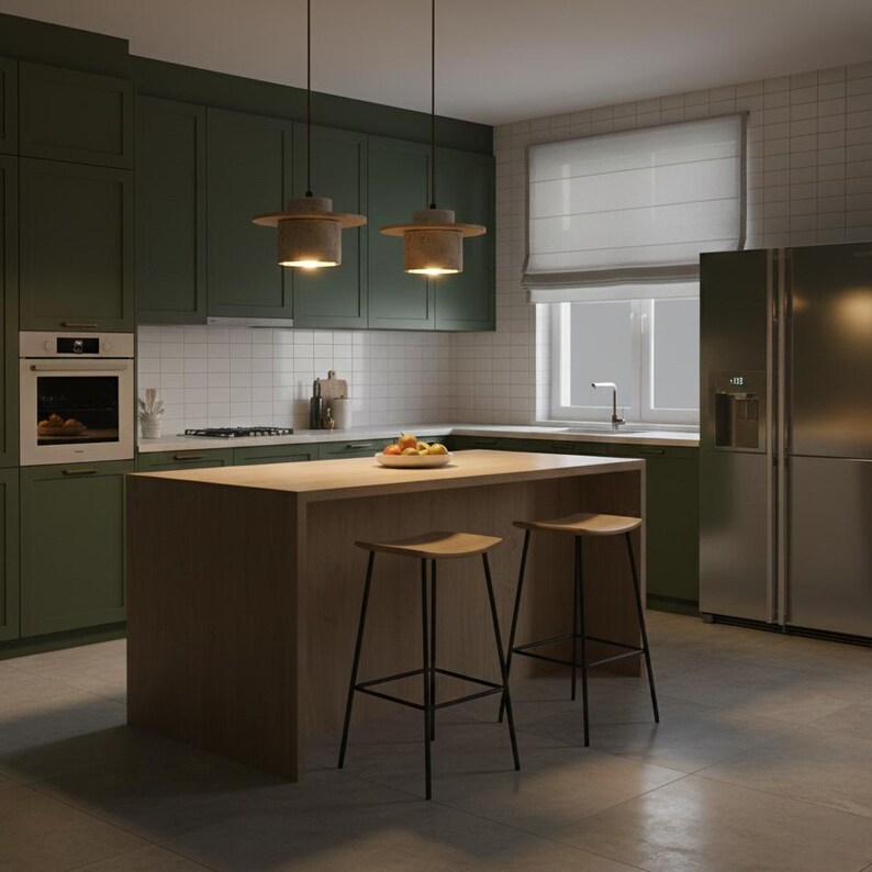 Puede incluir: Una cocina moderna con gabinetes verde oliva, una isla de madera clara y dos taburetes a juego. Dos l&aacute;mparas colgantes cuelgan sobre la isla. Tambi&eacute;n se ven un refrigerador de acero inoxidable y un horno blanco. La cocina tiene un ambiente luminoso y espacioso.