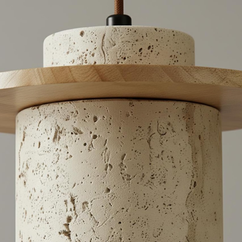 Puede incluir: Primer plano de una moderna l&aacute;mpara colgante. La l&aacute;mpara presenta una pantalla cil&iacute;ndrica de hormig&oacute;n beige texturizado, un disco de madera y una parte superior de hormig&oacute;n m&aacute;s peque&ntilde;a. Un cable marr&oacute;n se extiende desde la parte superior.