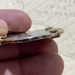 May include: A silver coin with a gold rim and two gold clasps on the side. The coin is being held by a hand.