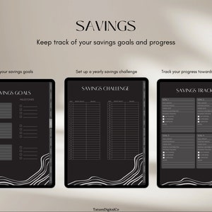 May include: Black and white printable digital planner pages for tracking savings goals, a yearly savings challenge, and progress towards savings goals. The pages feature a modern minimalist design with wavy lines.