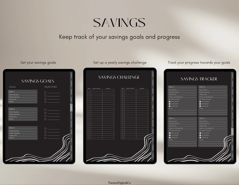 May include: Black and white printable digital planner pages for tracking savings goals, a yearly savings challenge, and progress towards savings goals. The pages feature a modern minimalist design with wavy lines.