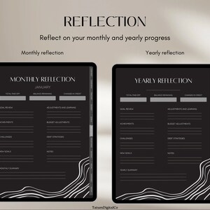 May include: Black and white printable digital planner pages for monthly and yearly reflection. The pages include sections for goal review, achievements, challenges, new goals, notes, and monthly and yearly summaries.