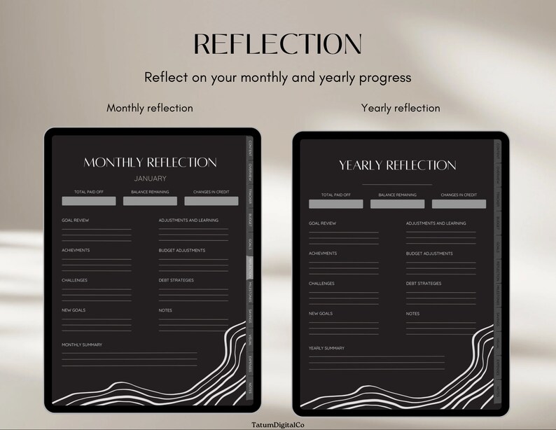May include: Black and white printable digital planner pages for monthly and yearly reflection. The pages include sections for goal review, achievements, challenges, new goals, notes, and monthly and yearly summaries.