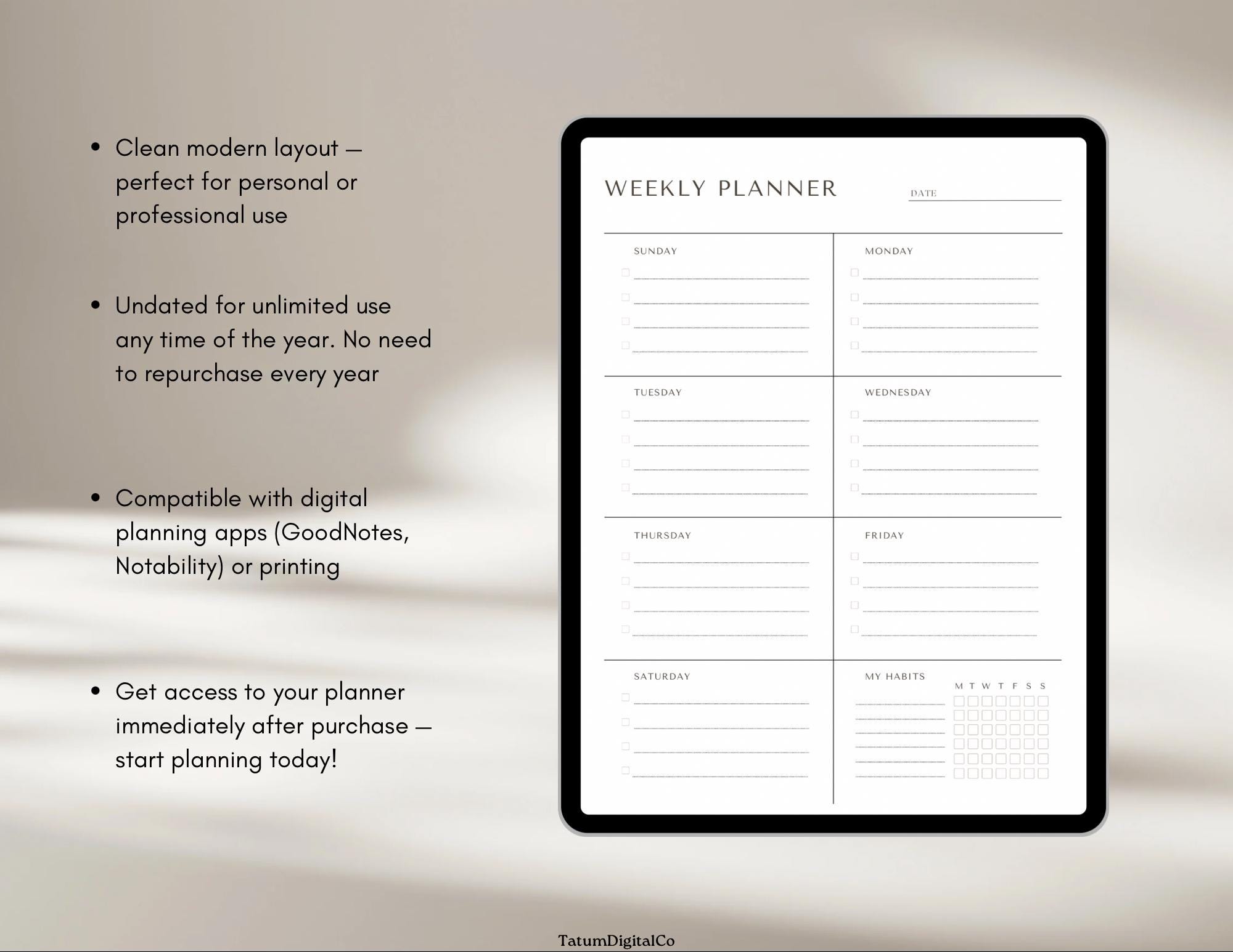 Minimalist Weekly Planner Printable – Undated, Habit Tracker (PDF) - Etsy