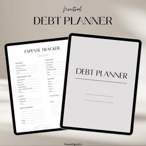 May include: A digital planner with a neutral colour scheme. The left page features an expense tracker with categories for housing, transportation, food, debt payments, and other expenses. The right page is a debt planner with the title "Debt Planner" at the top.