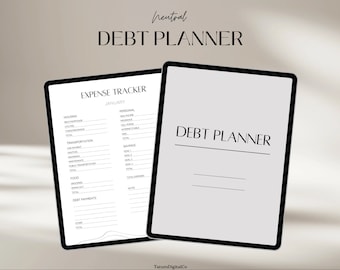 May include: A digital planner with a neutral color scheme. The left page features an expense tracker with categories for housing, transportation, food, debt payments, and other expenses. The right page is a debt planner with the title "Debt Planner" at the top.