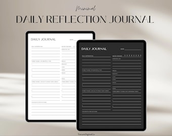 May include: Two digital planner templates for daily journaling. The left template is white with black text and the right template is black with white text. Both templates include sections for daily affirmations, three things I am grateful for, three things I can do to make today great, three great things that happened today, thoughts and reflections, water tracker, exercise log, and meals.