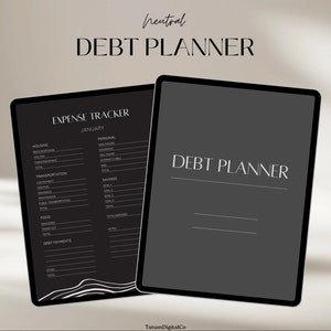 May include: A black and white digital planner with the text "DEBT PLANNER" on the cover. The planner includes a section for expense tracking with categories for housing, transportation, food, and debt payments.