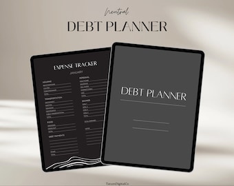 May include: A black and white digital planner with the text "DEBT PLANNER" on the cover. The planner includes a section for expense tracking with categories for housing, transportation, food, and debt payments.