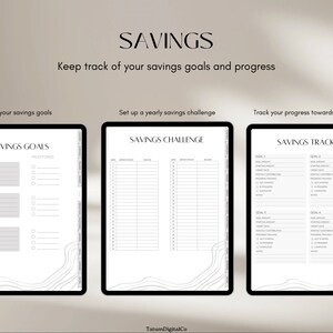 May include: A digital printable planner with three pages for setting savings goals, tracking a yearly savings challenge, and monitoring progress towards savings goals. The pages are designed with a minimalist aesthetic and feature a wavy line pattern.