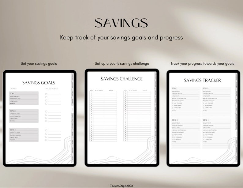 May include: A digital printable planner with three pages for setting savings goals, tracking a yearly savings challenge, and monitoring progress towards savings goals. The pages are designed with a minimalist aesthetic and feature a wavy line pattern.