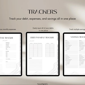 May include: Three printable budget tracker pages with a minimalist design. The pages are titled "Expense Tracker", "Debt Payment Tracker", and "Savings Tracker". Each page has a section for January and includes a variety of categories for tracking expenses, debt payments, and savings goals.