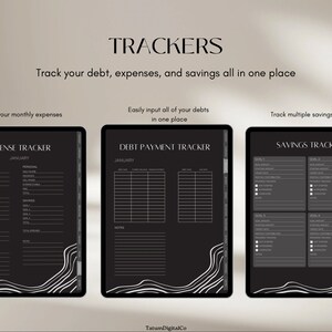 May include: Three black digital planners with white text and graphics. The planners are labeled "Expense Tracker", "Debt Payment Tracker", and "Savings Tracker". Each planner has a black background with white wavy lines.