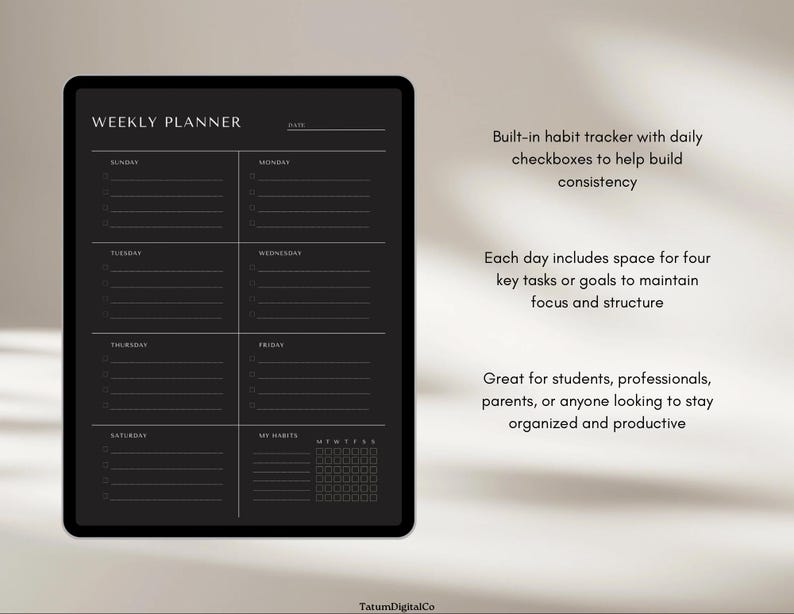 Minimalist Weekly Planner Printable – Undated, Habit Tracker (PDF) - Etsy