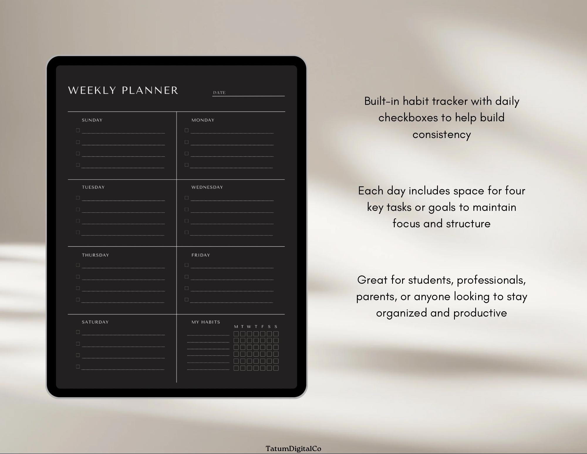 Minimalist Weekly Planner Printable – Undated, Habit Tracker (PDF) - Etsy