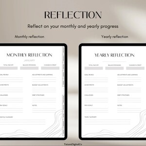 May include: A printable digital planner page with a grey and white design. The page is titled "Monthly Reflection" and "Yearly Reflection". The page includes sections for goal review, achievements, challenges, new goals, and notes.