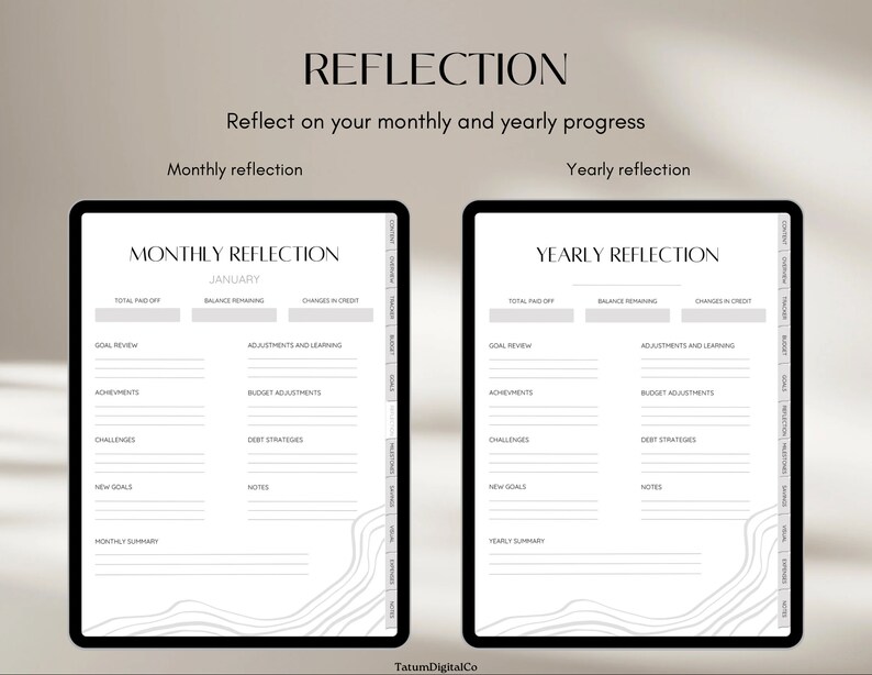 May include: A printable digital planner page with a grey and white design. The page is titled "Monthly Reflection" and "Yearly Reflection". The page includes sections for goal review, achievements, challenges, new goals, and notes.