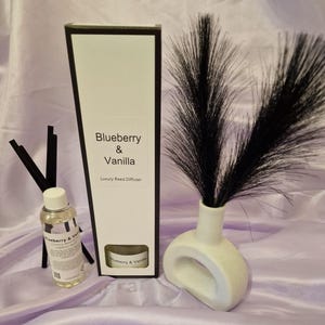 May include: A white box with the text "Blueberry & Vanilla Luxury Reed Diffuser" next to a small bottle and a white vase with black decorative plumes. The bottle and box have the same label.