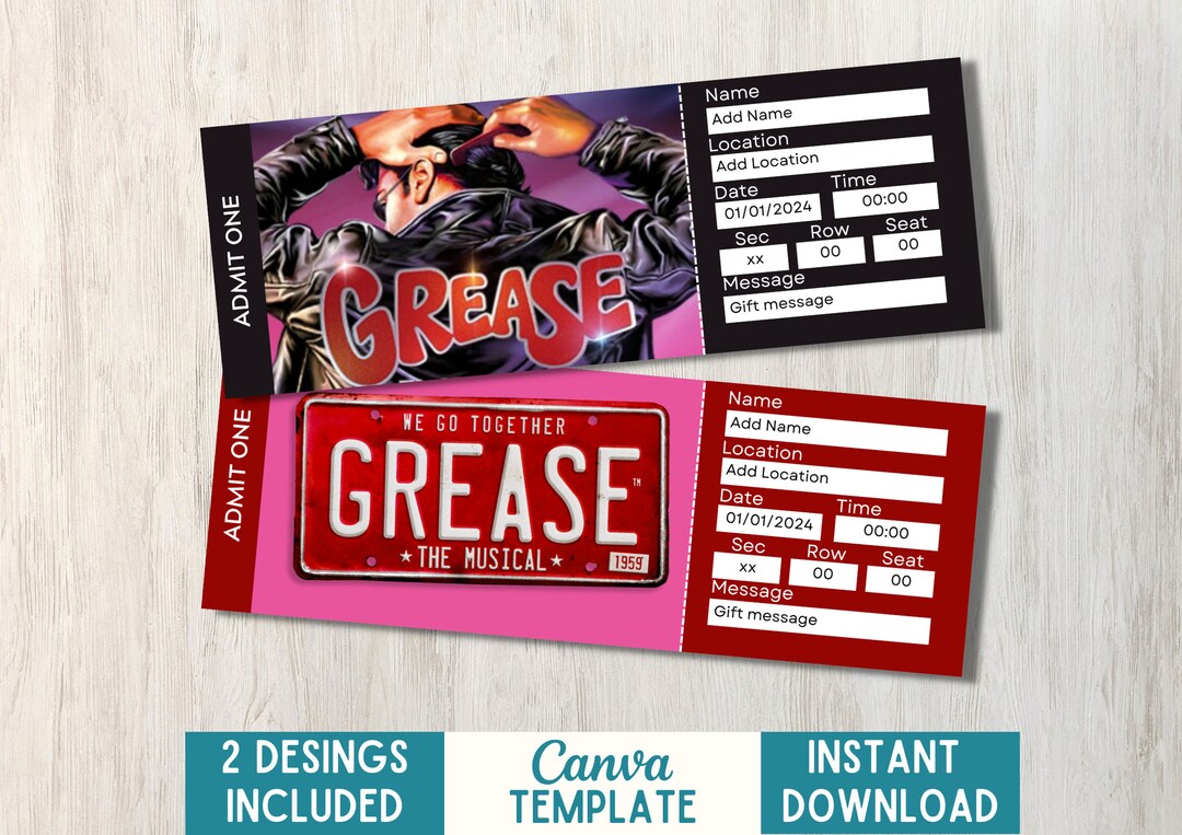 Editable Grease Broadway Ticket Template Printable Grease Etsy