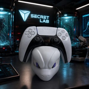 Puede incluir: Un mando blanco y negro de PlayStation 5 descansa sobre una cabeza de dragón blanca estilizada. El fondo presenta un entorno de laboratorio con las palabras "SECRET LAB" y equipo científico.