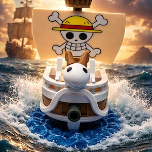 May include: A toy ship sailing on blue water with a cartoon skull and crossbones on the sail. The ship has a white and brown hull, a black flag, and a cartoon character figurehead. Another ship sails in the background under a sunset sky.