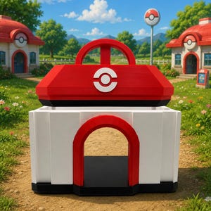 Op de afbeelding: Een rood-witte structuur die lijkt op een Poké Mart, met een handvat aan de bovenkant en een grote boog. De structuur heeft een witte basis en een rood dak met een wit Poké Ball-logo. De achtergrond toont een grasveld, bomen en een blauwe lucht.