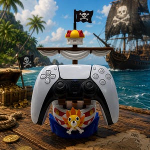 May include: A white and black video game controller resting on a stand shaped like a ship's bow. The stand features a lion figurehead with a red and yellow mane, a mast with a black skull and crossbones flag, and a blue wave-like base.
