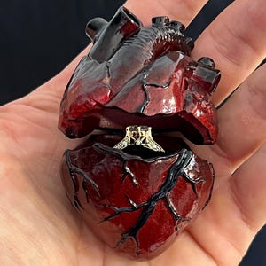 May include: A heart-shaped ring box, painted in shades of red and black, opens to reveal a diamond ring. The box is held in a hand, showcasing the intricate details of the anatomical heart design.