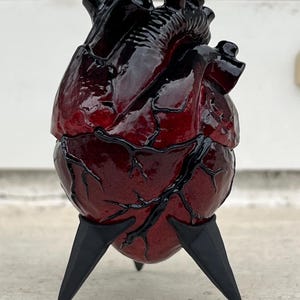 May include: A sculpted anatomical heart in shades of red and black, mounted on three black, pointed legs. The heart's surface has intricate vein detailing and a glossy finish, creating a striking visual contrast.