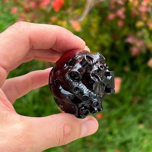 May include: A dark red and black decorative object with a complex, textured design. The object has a glossy finish and features multiple tentacle-like protrusions. The background is blurred, with green grass and colorful foliage.