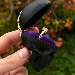 Handmade Gothic Skull Ring Box. Purple Velor Proposal Ring Holder