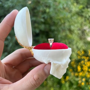 Gothic Skull Ring Box: Red Velour Pillow. Engagement Proposal