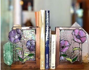 Floral Stained Glass Bookends – Pink / Purple Poppy Design