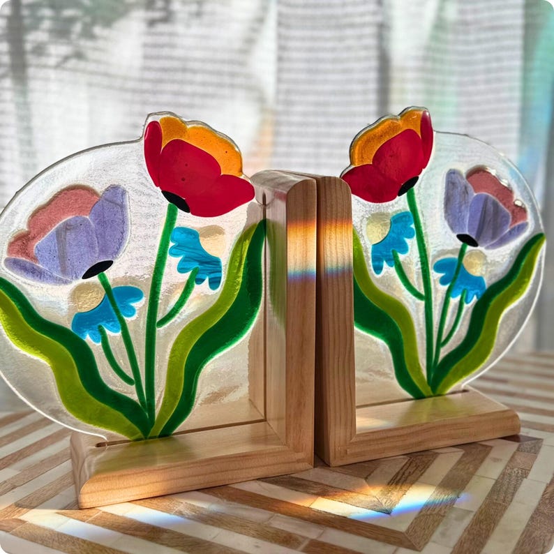Floral Fused Glass Bookends – Colorful Glass Art Bookshelf Decor ...
