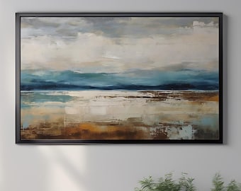 Blue and Earthy Tones Painting, Framed Abstract Landscape Wall Art, Modern Minimalist Textured Print
