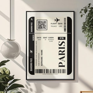 Cartaz emoldurado de bilhete de Paris preto - Arte de parede emoldurada com cartão de embarque - Cartaz de viagem com bilhete de avião - Decoração de quarto estética - Presente para casa nova