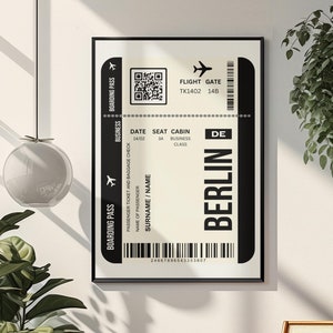 Cartaz emoldurado com o cartão de embarque de Berlim - Cartaz de passagem aérea - Arte emoldurada em preto e branco - Decoração de parede de escritório - Cartaz de viagem - Presente de decoração