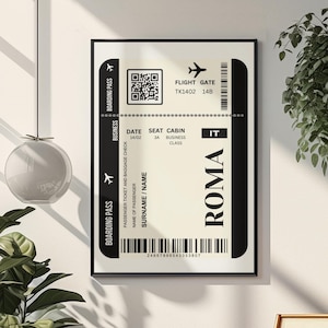 Cartaz emoldurado Roma Black Boarding Pass - Cartaz de ingresso Roma Arte de parede - Decoração de quarto Estética - Arte de parede emoldurada da moda - Presente para casa nova